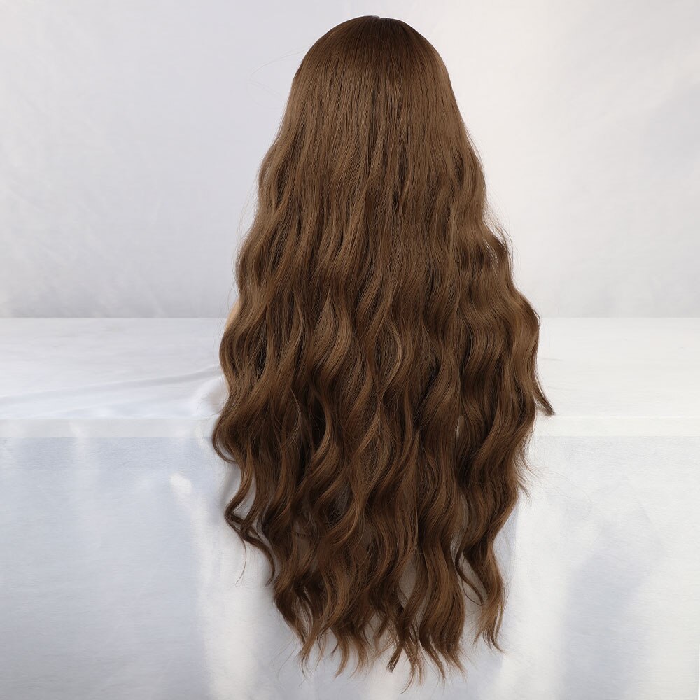 Jonrenau sintético marrom escuro longo ondulado perucas de cabelo com franja lateral resistente ao calor perucas de fibra para preto branco