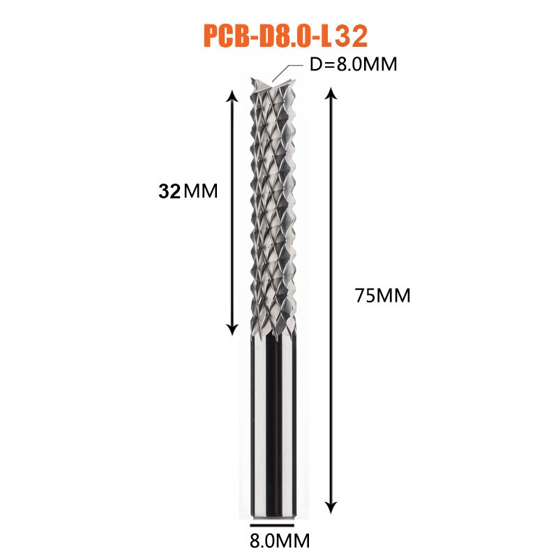 Vhm Corn End Mill Frees Bits D0.8, 1.0, 1.6, 1.8, 2.4, 3.1 Pcb End Mill Cnc Snijden Frezen: 1pc-D8.0-32-D8