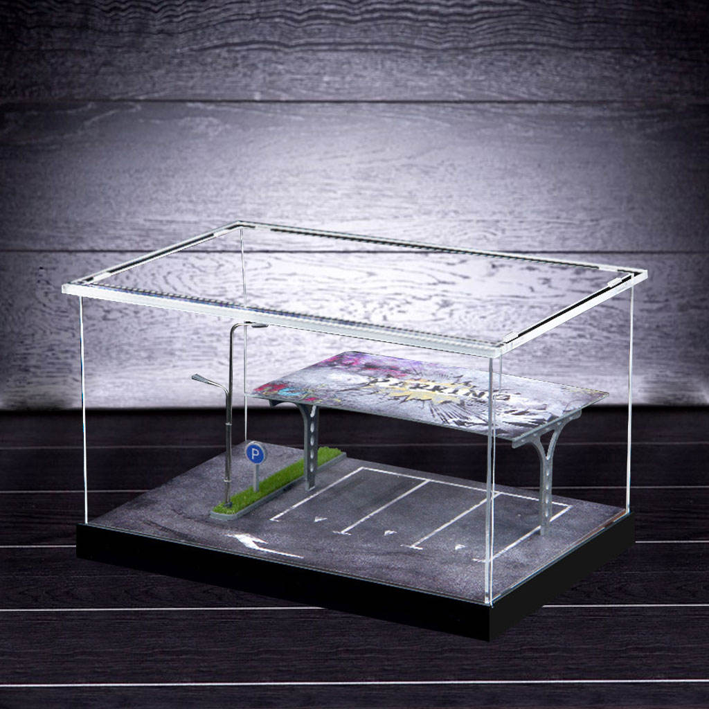 1/64 Scale Simulation Parking Lot Scene Model Car Garage with LED Lights Ornaments Clear Acrylic Dust Proof Box