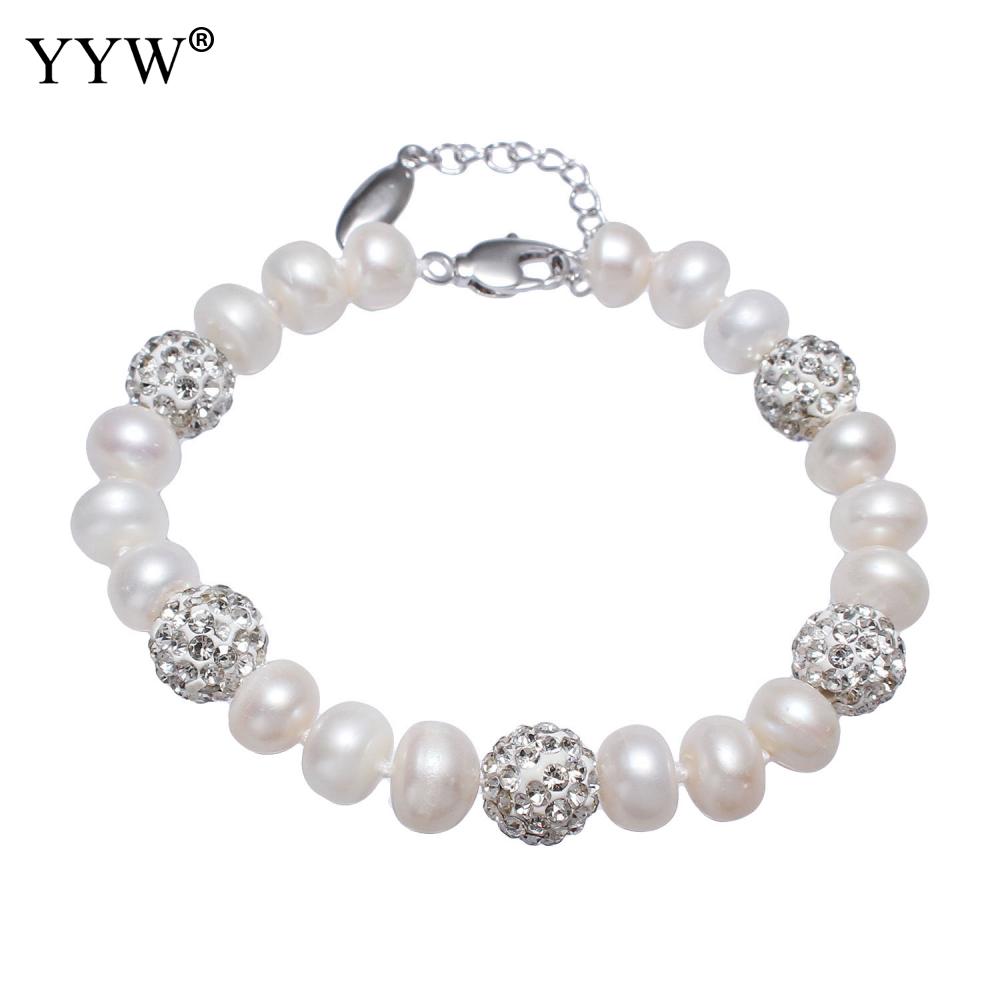 Frauen Süßwasser Perle Armbänder Karabinerverschluss Perle Armbinde Mit 5cm Verlängerung Kette Strass Abstandshalter Korn Weiß 8-9mm 7 Zoll