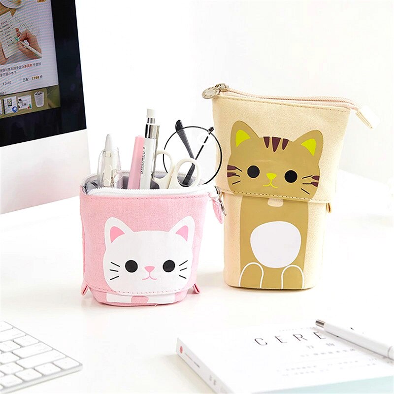 Pen Pencil Bag Case Cartoon Cute Cat Bear Sheep Canvas Fold Standing Holder Stationery Organizer Kids