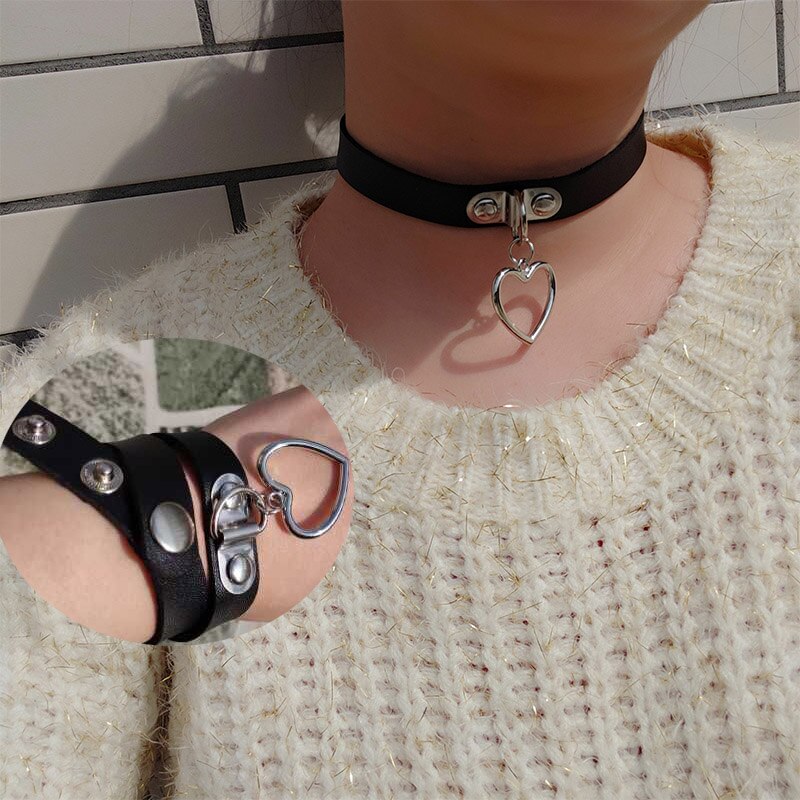 Punk Harajuku black Collar LOVE Choker Necklace Heart PU Leather Choker Punk Goth 100% Handmade cross Neck Jewelry