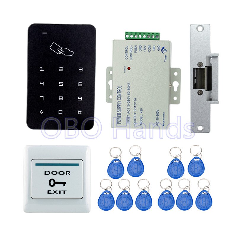 Full complete RFID door access control system kit digital keypad+3A/12V power supply+electric strike lock+10pcs ID key cards