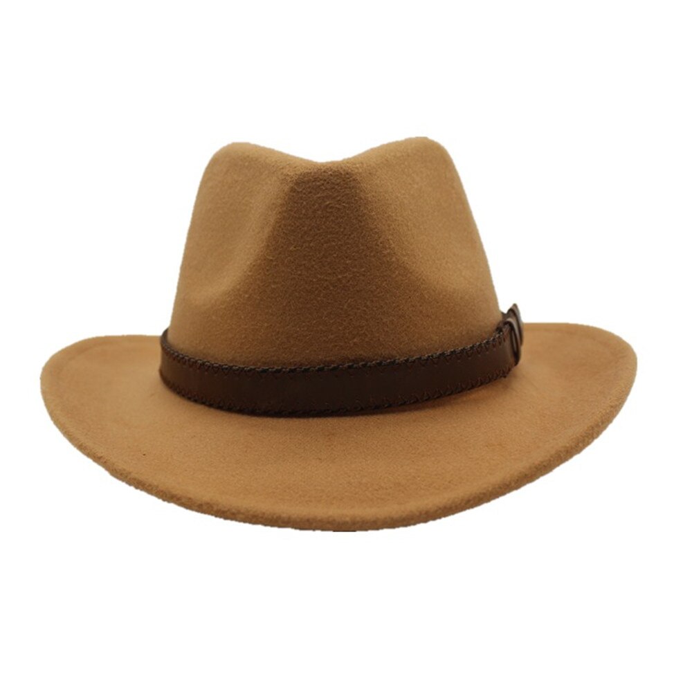 Sombrero de vaquero con cinturón de ala ancha para hombre y mujer, sombrero Trilby de lana, talla 56-58CM