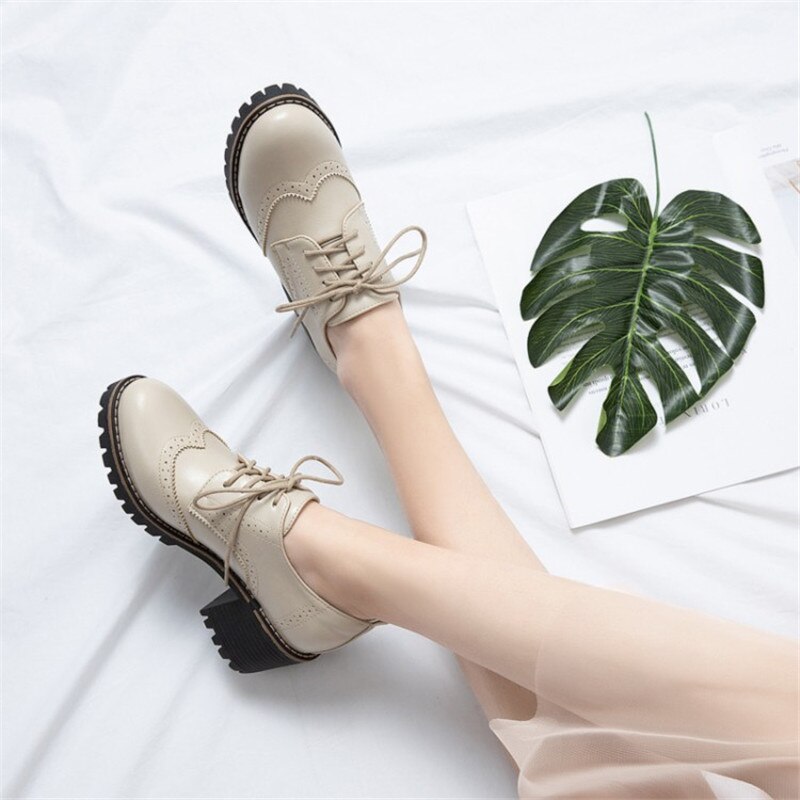 PXELENA britannique Vintage femmes richelieu chaussures gros bloc talons hauts pompes à lacets bureau dame quotidien Oxfords Wingtip Fretwork 43