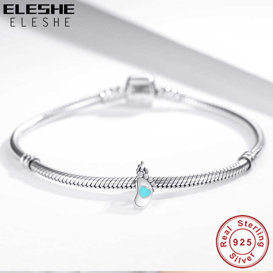 ELESHE Liebe Baby Füße Fuß Blau Herz Perle 925 Sterling Silber Baumeln Charme passen Original Armbinde Halskette Für Frauen DIY schmuck