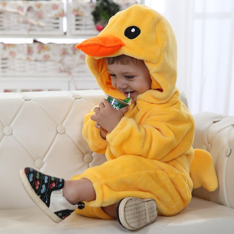 Animal bébé barboteuse jaune canard Bebe vêtements pour bébé garçon fille vêtements mignon flanelle dessin animé à capuche combinaison Costume