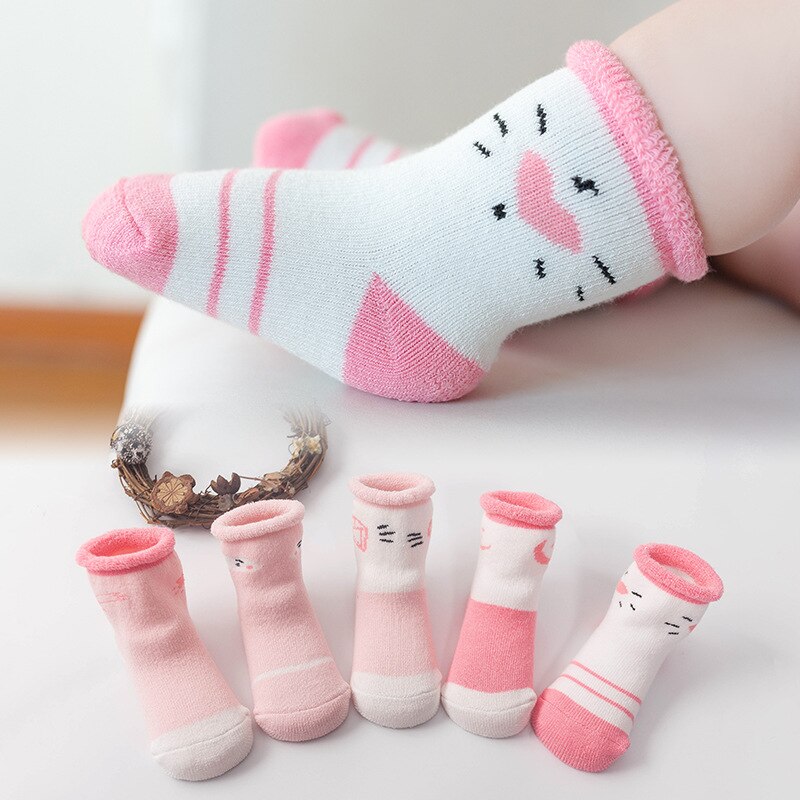 5 Paar Baby Sokken Pasgeboren Baby Jongen En Meisjes Comfort Katoenen Badstof Sokken Dikke Dier Cartoons Patroon: Rood / L 18-36M