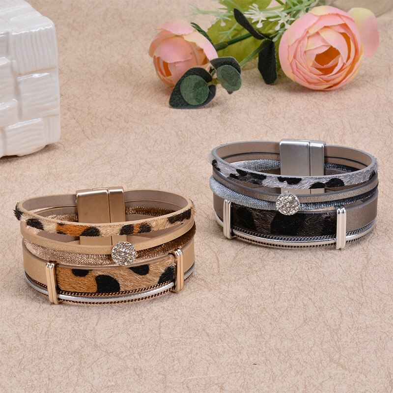 Hiyong Pu Lederen Armband Multilayer Crystal Magneet Gesp Armband Dames Leopard Wrap Armbanden Bohemian Stijl Sieraden