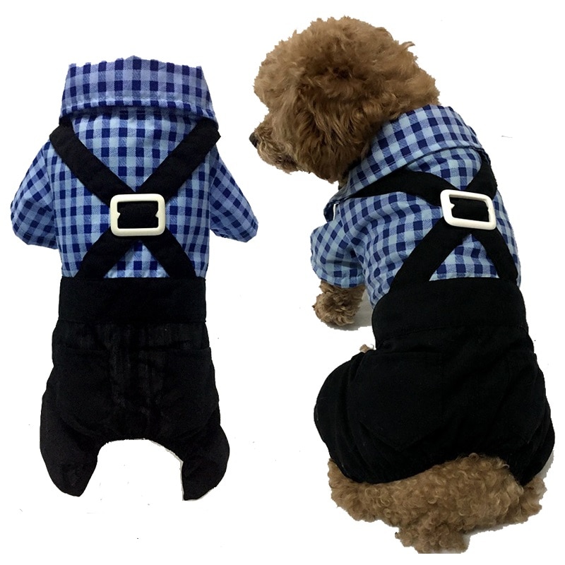Blå plaid hundetøj skjorte sort overall kæledyr fuld kjole med slips hvalp hund frakke jumpsuit tøj til små mellemstore hunde