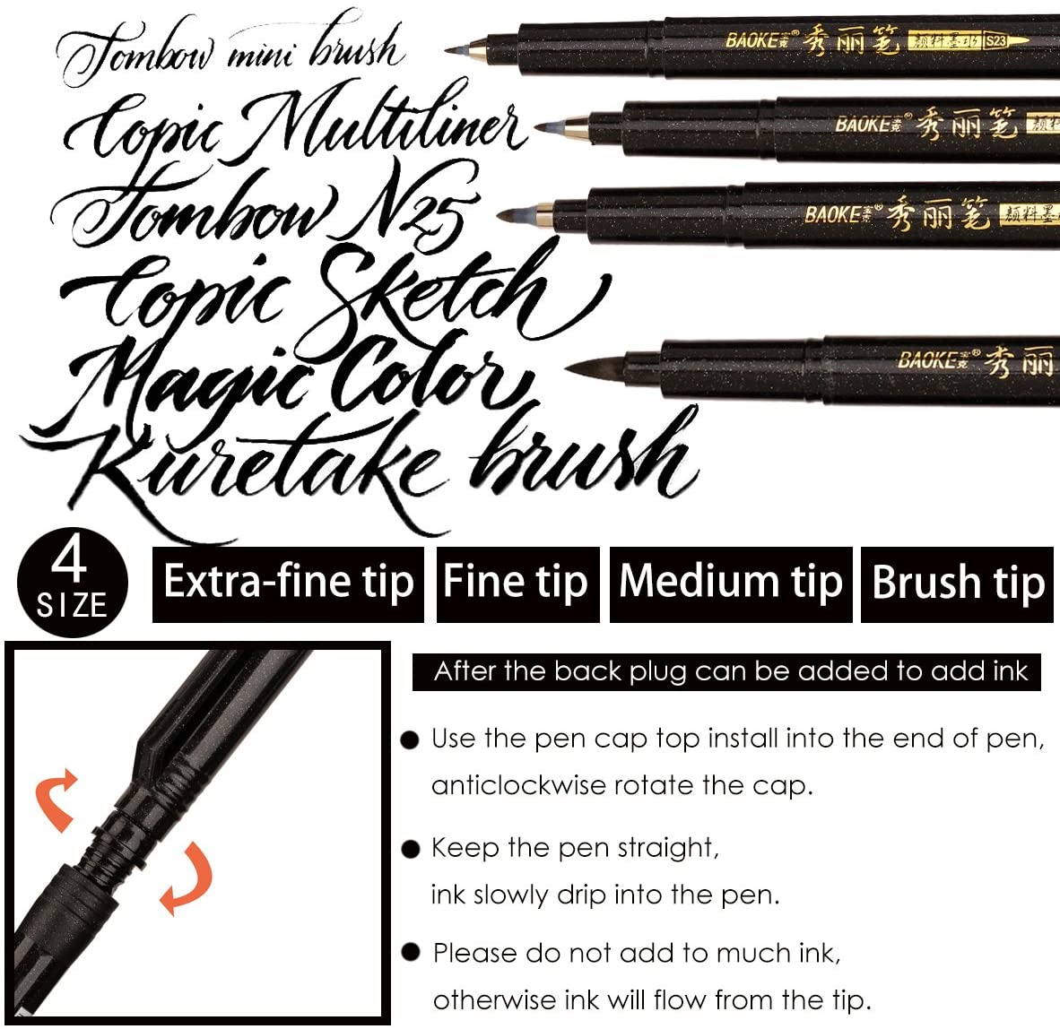 Hand Lettering Calligraphy Brush Pen Markers Set, Soft and Hard Tip, Black Ink Refillable