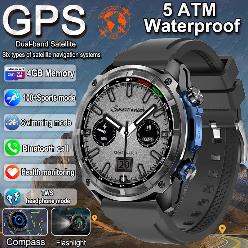 Novo gps militar relógio inteligente masculino mapas offline 5atm à prova dwaterproof água 4gb de memória 860 mah player vídeo bússola natação esportes smartwatch: BRANCO
