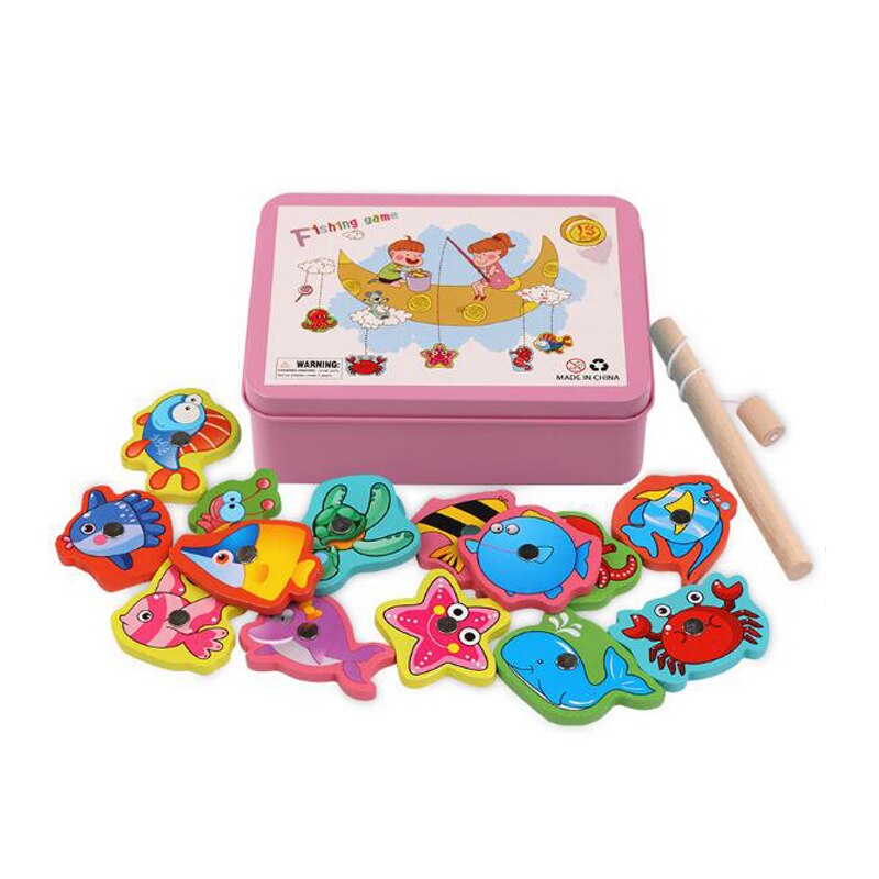 15Pcs Baby Toy Fish Wooden Magnetic Children Fishing Game Educational Toy Water Play Baby Fishing Rods Toy Set Iron Box: Pink