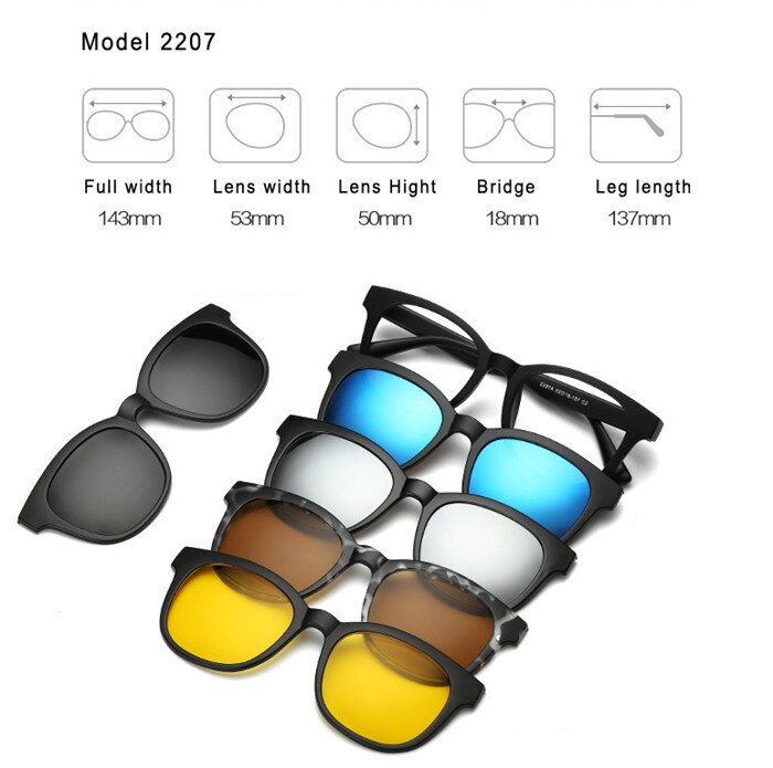 5 Set Clip Lens + 1 Frame Wandelen Brillen Spiegel Gepolariseerde Zonnebril Clip-On Magneten Kan Absorberen Bijziendheid Verziendheid bril: Model 2207