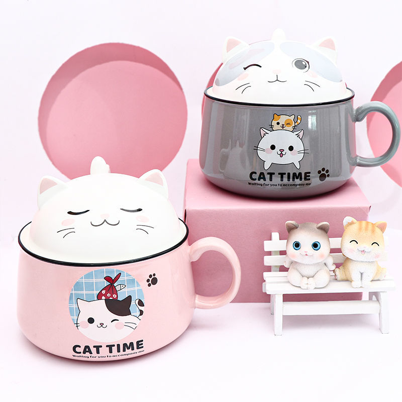 Cartoon Cat Bowl Ceramic Bowl Large Capacity Soup Bowl Kitchen Tableware Salad Bowl Ramen Noodle Bowl With Lid Spoon Fruit Bowl