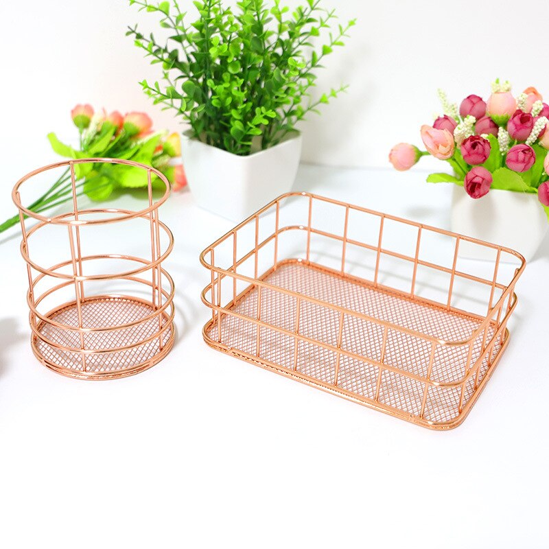 Panier de rangement en fer forgé Rose doré, panier de rangement en métal, porte-stylo, de bureau, de papeterie de finition