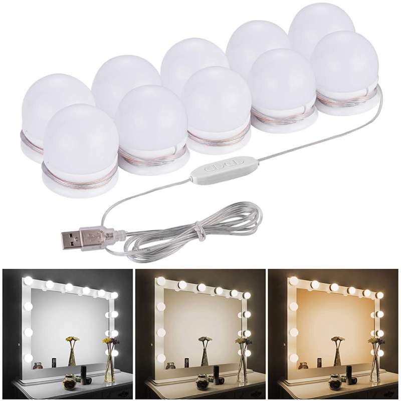 Usb-aangedreven dimbare hollywood led-make-upspiegel met 10w lampen, led-verlichting voor de kaptafel, 3 kleurstanden, l