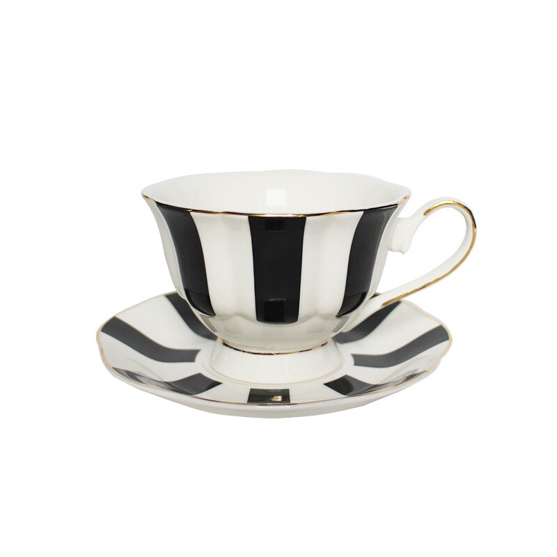 200ml Retro British Tea Coffee Cup and Saucer Set Black Polka Dot Stripes Pattern Ceramic Cups: Stripes