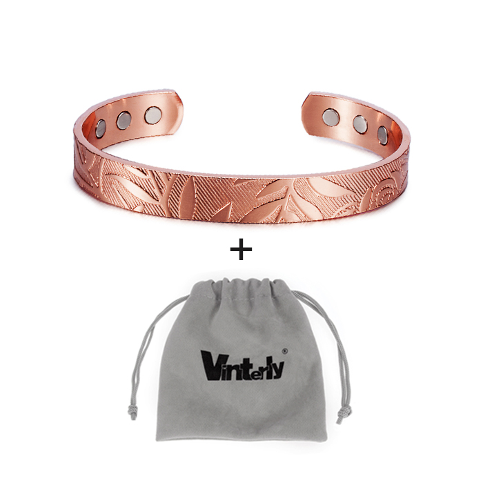 Vinterly Open Manchet Verstelbare Armbanden voor Vrouwen Gezondheid Energie Magnetische Armbanden Bloem Patroon Zuiver Koper Armbanden en Armbanden: Platinum Plated