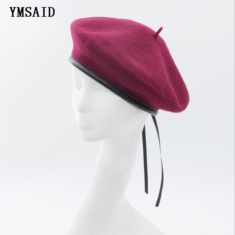 Ymsaid skóra francuski beret czapka czarna kobieta 100 wełna czuł malarze berety dla kobiet zima jesień czapka typu czapka bez daszka rozmiar 56-58cm