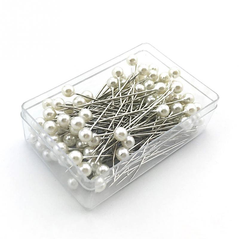 100 Uds. 36mm alfiler de cabeza de costura redondo perla recta alfileres de acero inoxidable + PVC Multicolor alfileres artesanales agujas de coser Pins herramientas #1026: White
