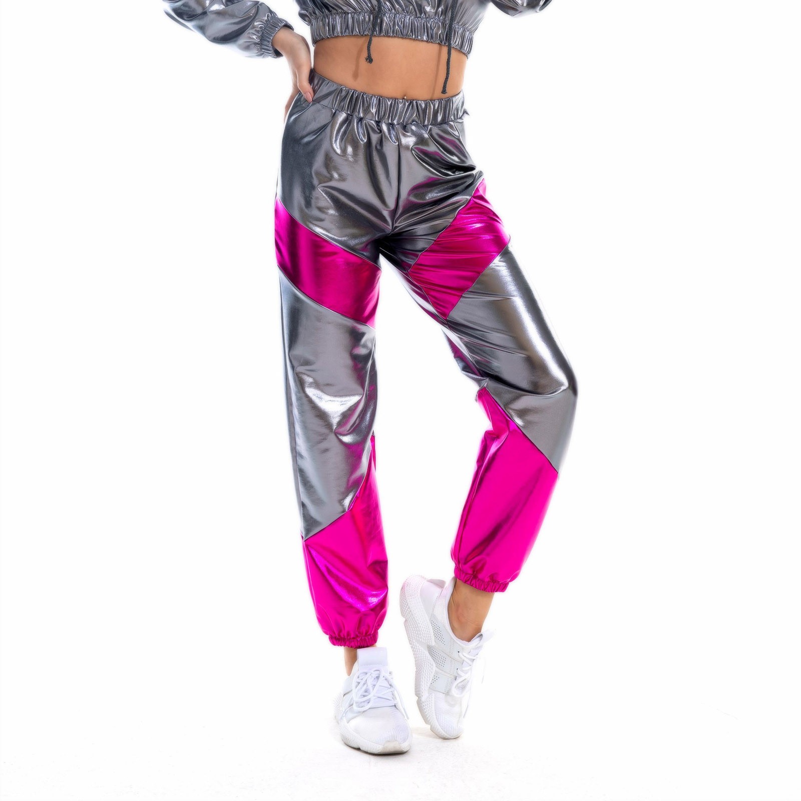 Metalliske skinnende damebukser holografisk natklub fritid gade hiphop fest patchwork rave outfits kvindelige lige bukser: L / Lysegul