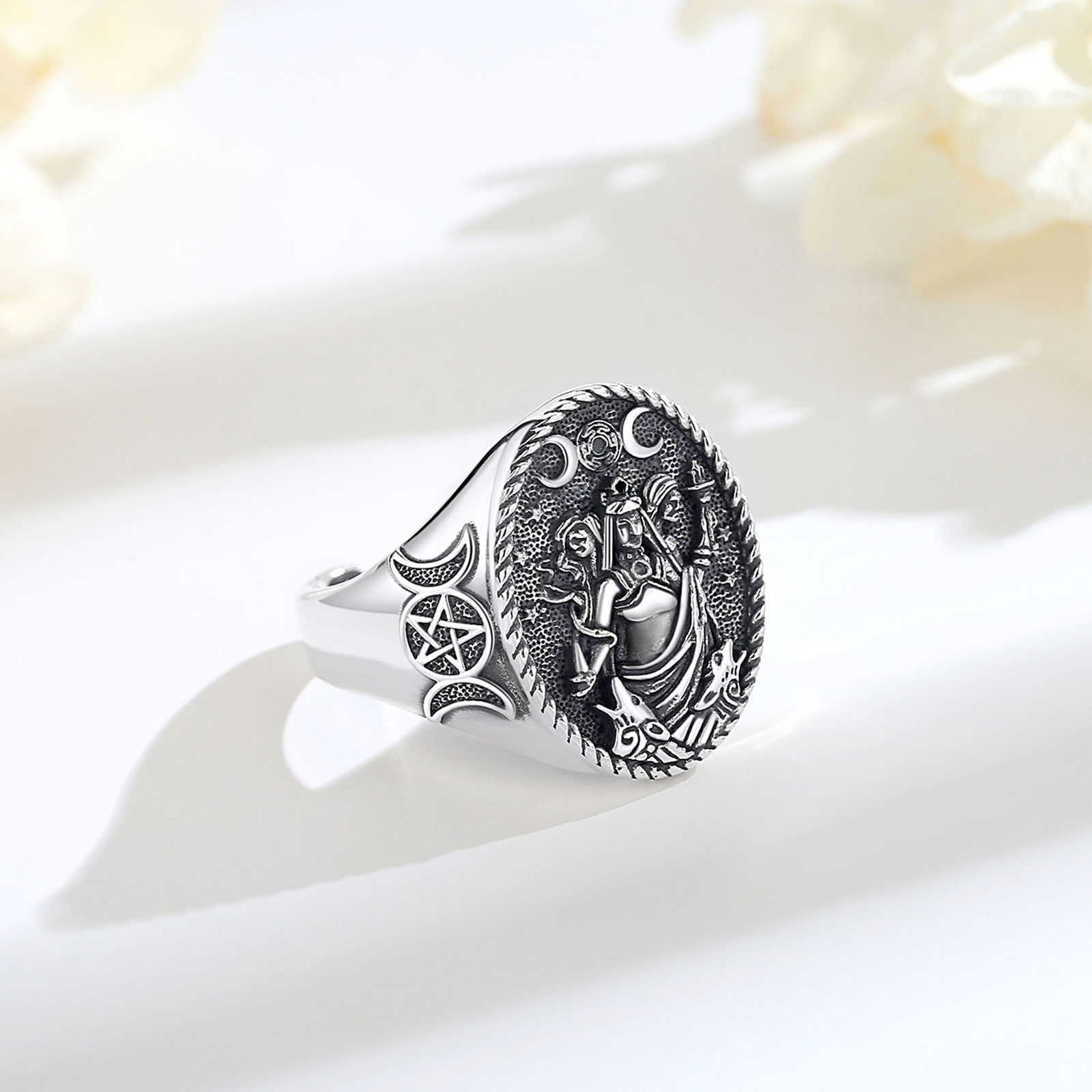 Anillo ajustable Eudora de Plata de Ley 925 con Triple diosa de la Luna, amuleto de perro Hecate, joyería de diosa Triple para mujer y hombre,: Default Title
