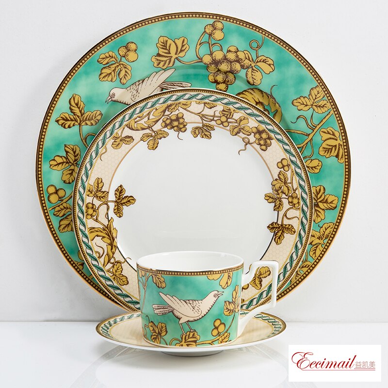 EECAMAIL British Style Bone China Model Room Club Western Tableware Steak Plate Home Salad Plate Golden Bird Series Set