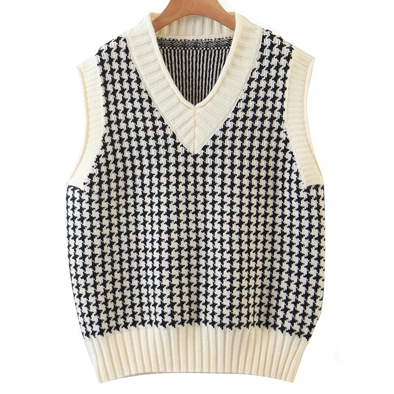 Novalya Preppy Style V Neck Sweaters Women Houndstooth Sweater Women Sleeveless Sweaters Female Ladies HT