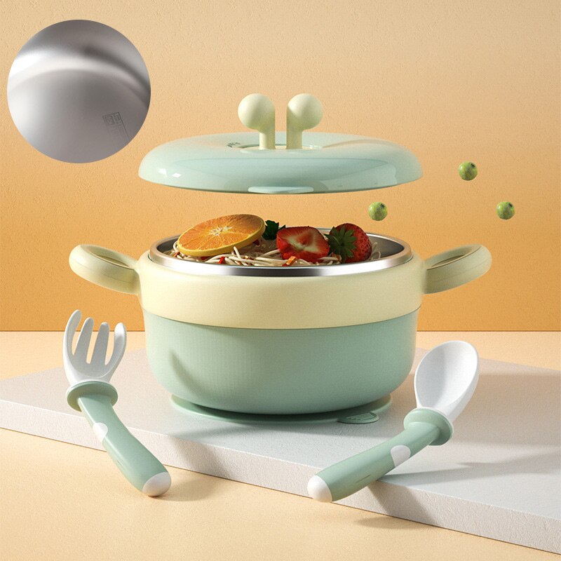 JCARSON – couvercle de bol à ventouse pour bébé, ensembles de vaisselle, plaque d&#39;aspiration, plats grille d&#39;injection d&#39;eau, cuillère fourchette en acier inoxydable: Green  Smooth Bowl