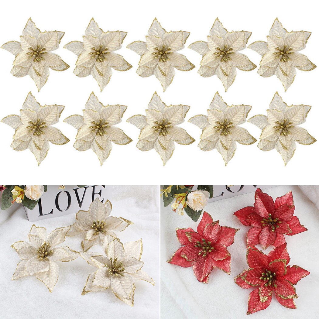 10 PCS Kerst Bloemen Kerstboom Decoraties Glitter Bruiloft Kunstbloemen Decor Xmas Home Decor