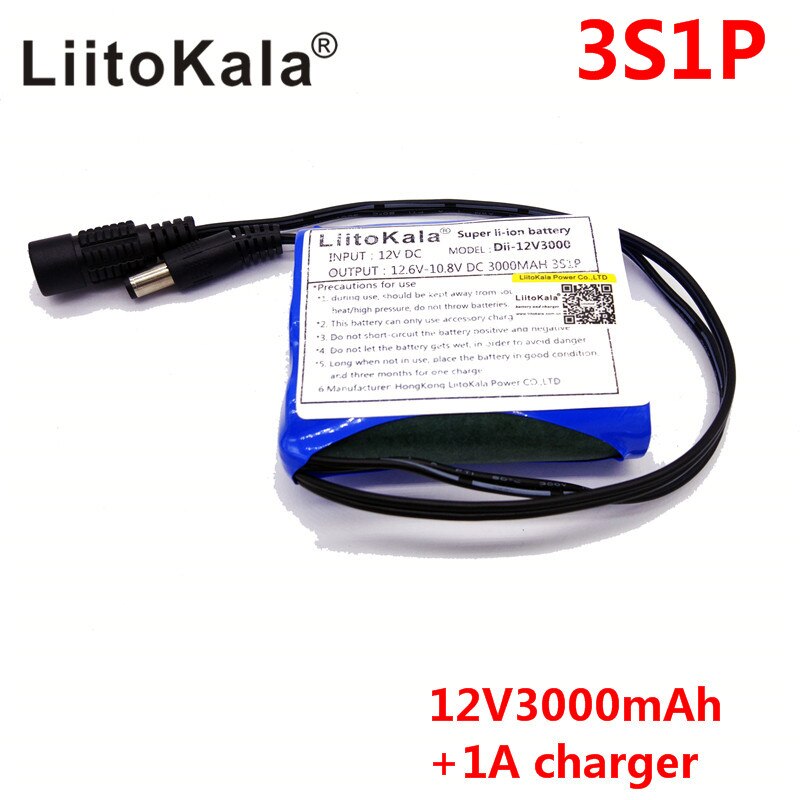 liitokala 12V 3000mAh 3S1P lithium battery 18650 lithium battery rechargeable protective plate 1A charger