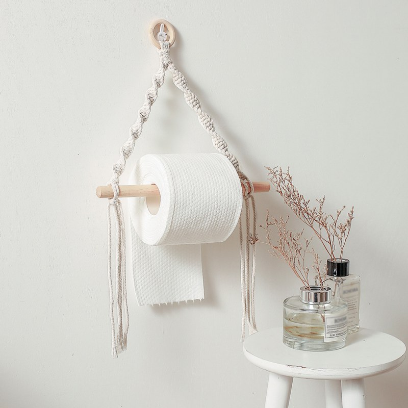 Boheemityylinen makrame-wc-paperiteline puinen seinälle ripustettava säilytyshylly kudos kylpyhuone wc-paperin annostelija kodin sisustus