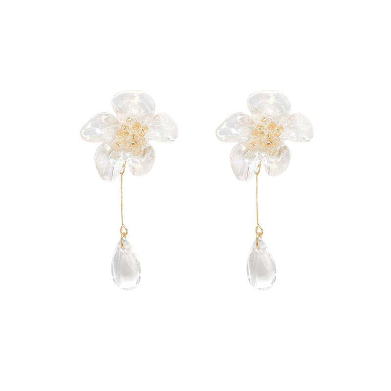 Korean Acrylic Flower Earrings For Women Long Tassel Transparent Crystal Earring Jewelry Wedding