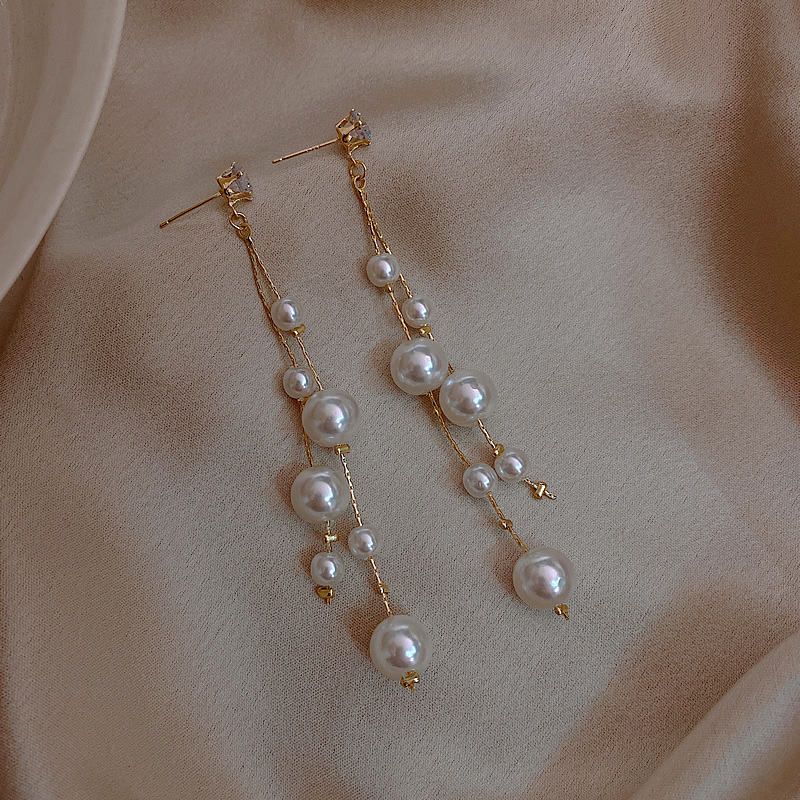 Pendientes de perlas de imitación para mujer, aretes largos con flecos, a la , elegantes, para novia y de boda: 4