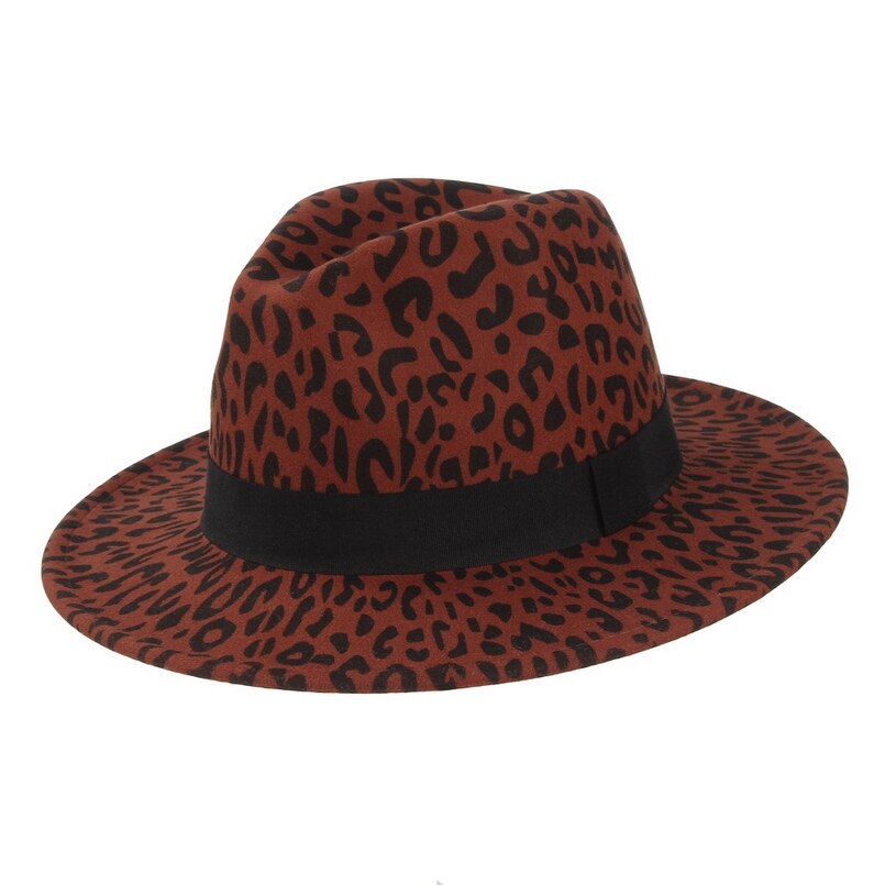 Gemvie bred skygge leoparduld fedora filthue til kvinder varm vinter panama hat jazz kasket med bånd: Rød