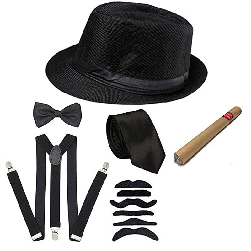 Halloween Cosplay Costume 1920s Mens Gatsby Gangster Accessories Set - Fedora Newsboy Hat Suspenders Armbands Tied Bowtie