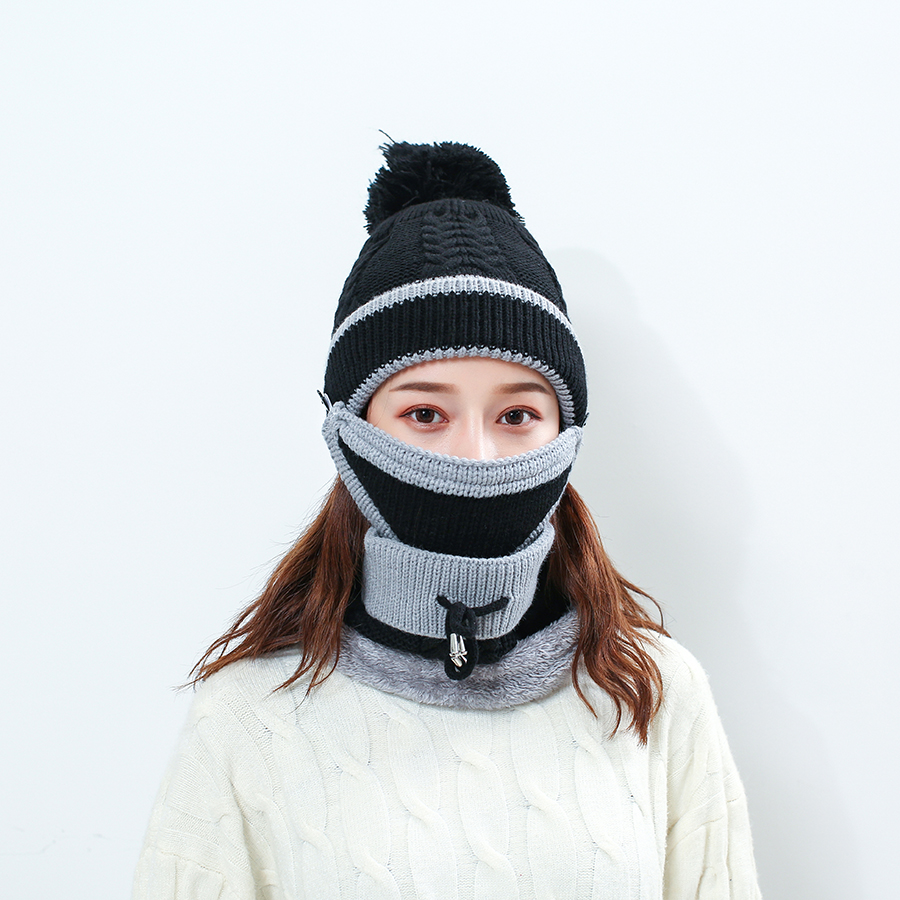 Vinter stickad ull varm mössa kepsar halskrage tre st set motordrivare vindtät #39 mössa halsduk mask set för kvinnor