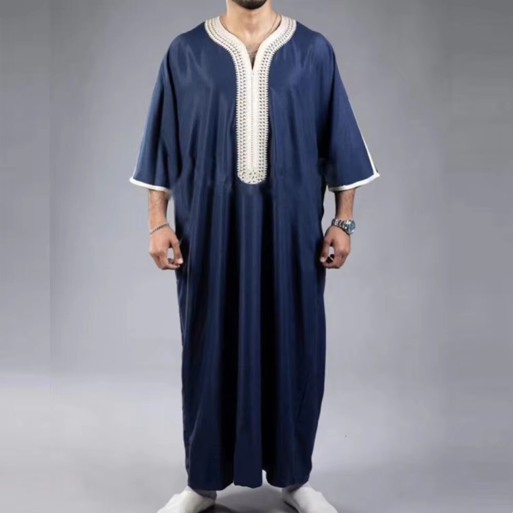 Túnica bordada y lujosa de estilo marroquí musulmán para hombre, bata informal holgada de manga corta para adoración navideña para hombre: M