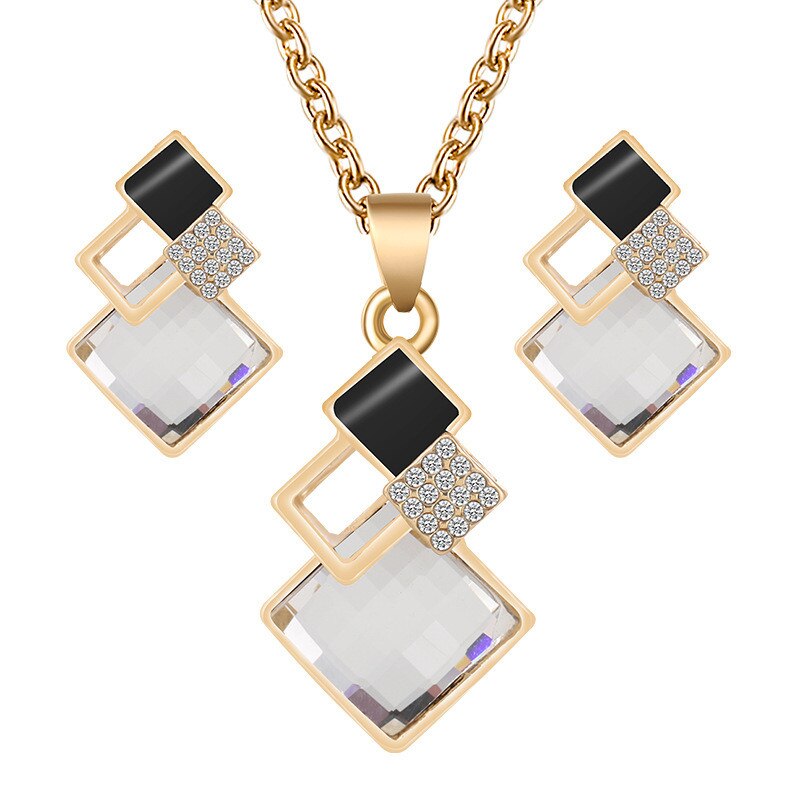 Conjunto de collar y pendientes con colgantes de cristal para mujer, conjunto de joyería nupcial, pendientes y collares de boda: Gold White