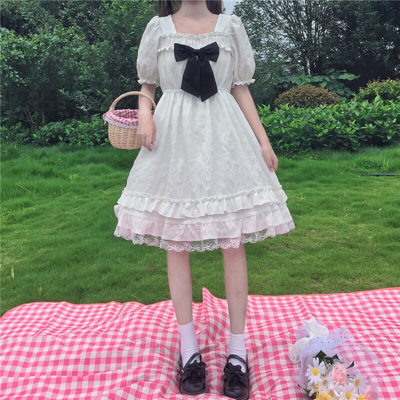 Kawaii mignon Lolita robe blanche noir nœud papillon doux mignon japonais robe victorienne robe kawaii fille gothique lolita