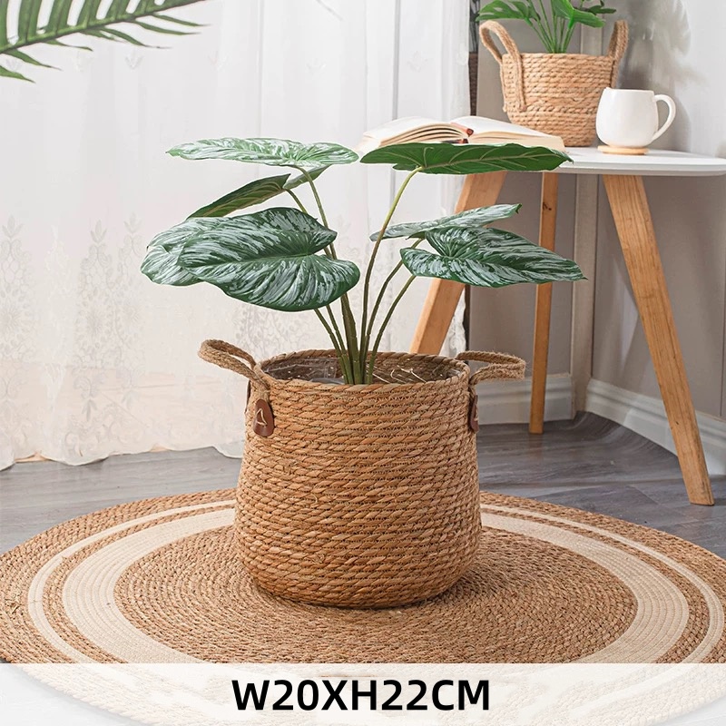 Cesta de macetero de mimbre Natural, maceta para el hogar, jardín, cesta de mimbre, cesta de flores de paja de 20/25/30CM: Negro