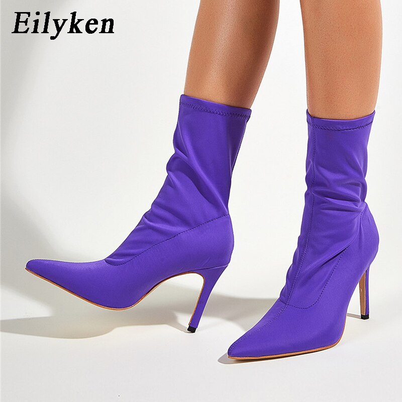 Eilyken hiver Stretch tissu bout pointu femmes bottines chaussures talons hauts femme bottes parti chaussures femmes