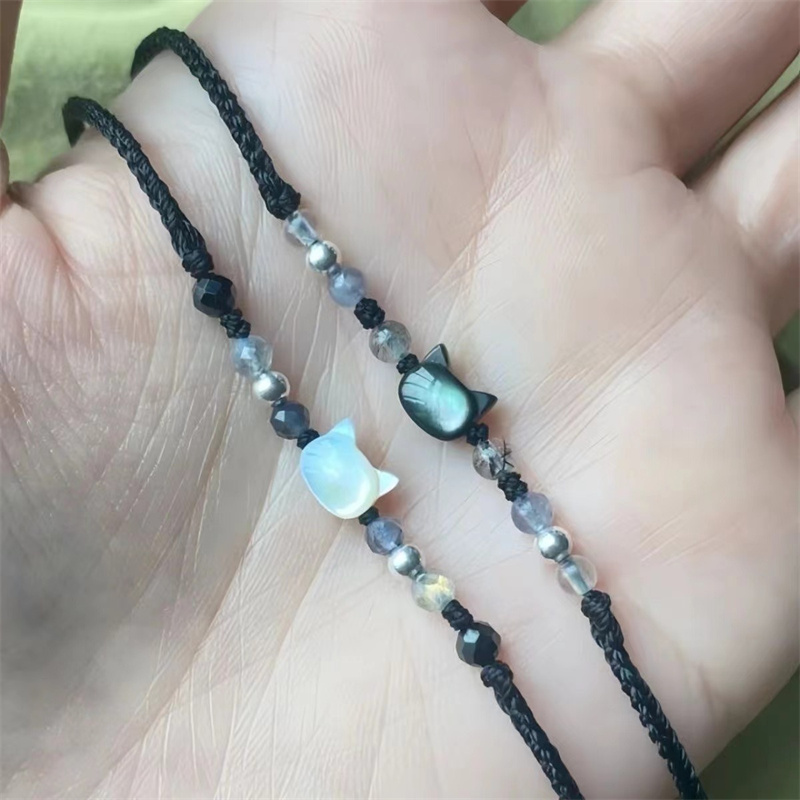 Pulsera de gato bonita hecha a mano para parejas, cuerda de mano única y para mujeres y hombres, pulsera tejida con cuentas, de joyería para la muñeca