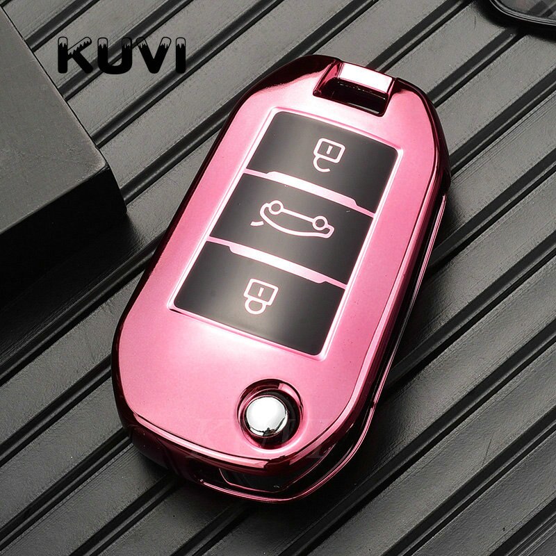 Porte-clés de voiture pliable en TPU, étui à couverture complète pour Peugeot 3008 208 308 508 408 307 4008 et citroën C4 C4L CACTUS C3 C6 C8: Pink