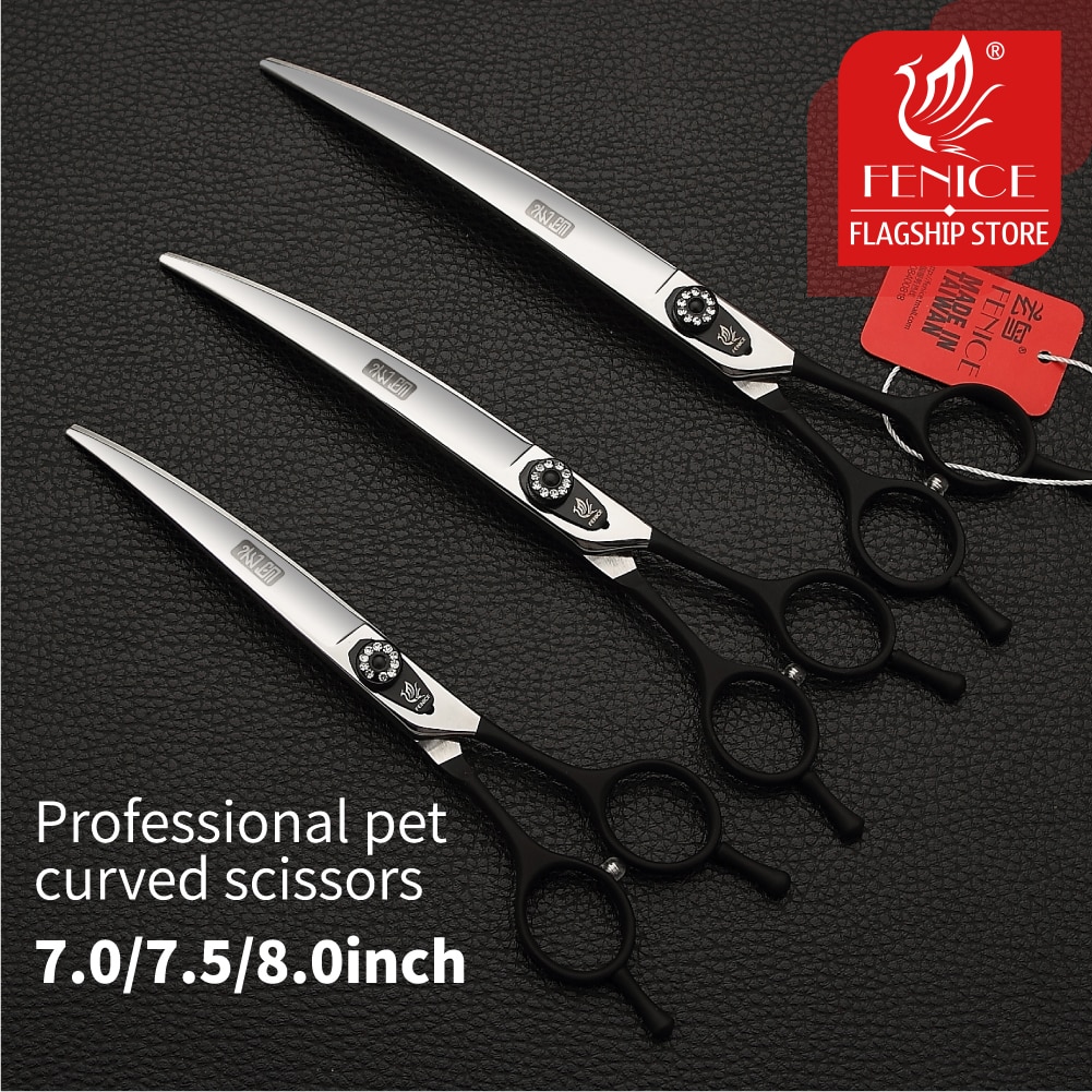 Fenice 7.0 7.5 8.0 Inch Black Grooming Scissors Curved Shear for Teddy/Pomeranian Dogs Pet Grooming Tools JP 440C