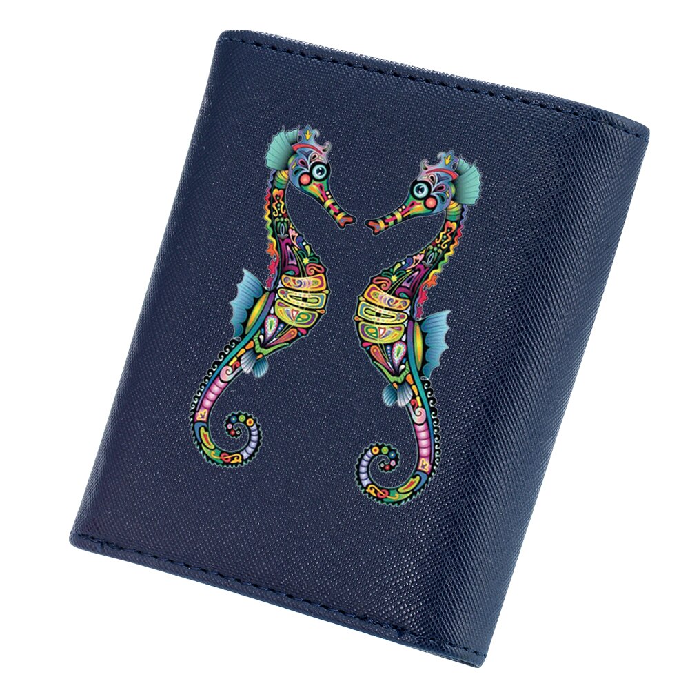 Mode Vrouwen Portefeuilles Vrouwelijke Prints Patronen Korte Trifold Portemonnees Lederen Dames Rits Kaarthouder Clutch Bag: Seahorses A