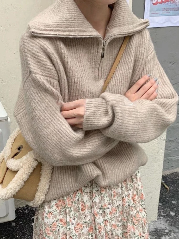 Frauen Rollkragen Reißverschlüsse Frauen zur Seite fahren Solide verlieren zur Seite fahren Langarm Beiläufige Gestrickte zur Seite fahren Frau Winter 2025