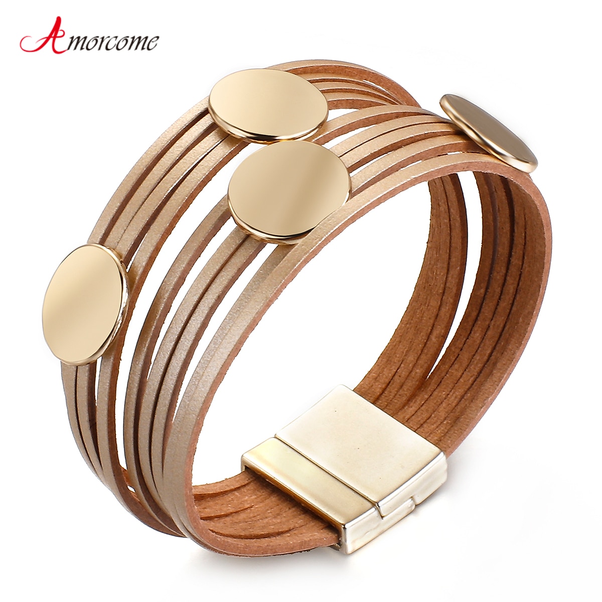 Amorcome Boho Sequin Charm Leather Bracelets for Women Ladies Multilayer Slim Strips Wrap Bracelet Female Jewelry