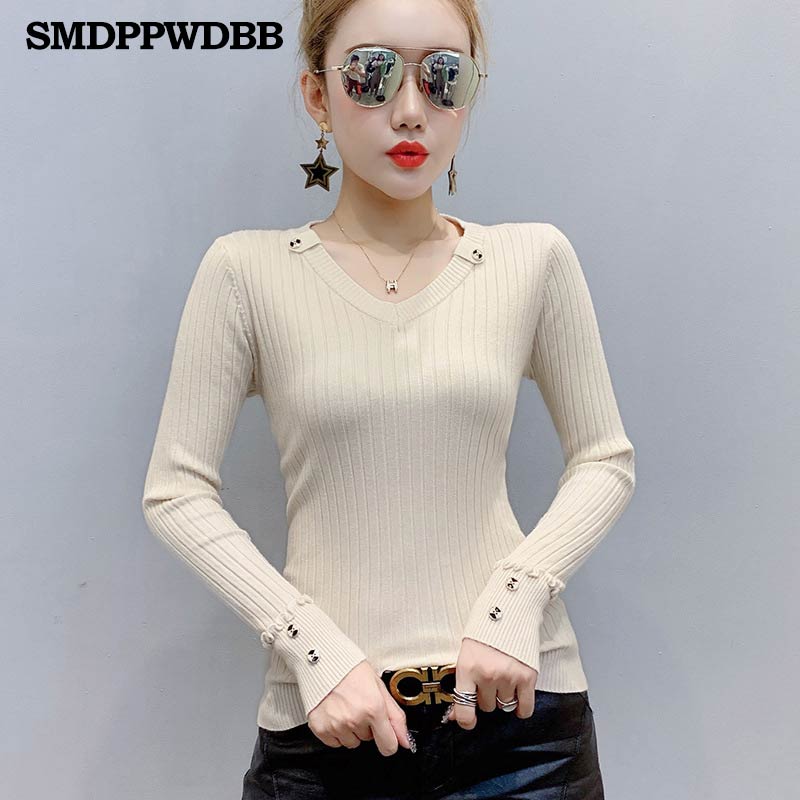 Button V Neck Sweater Women Spring Autumn Solid Knitted Pullover Women Slim Soft Jumper Sweater Female Knit Tops: BeIge